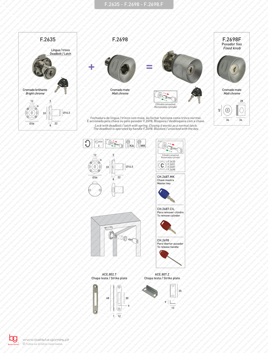 Fechadura trinco com cilindro amov�vel + puxador para arm�rios
